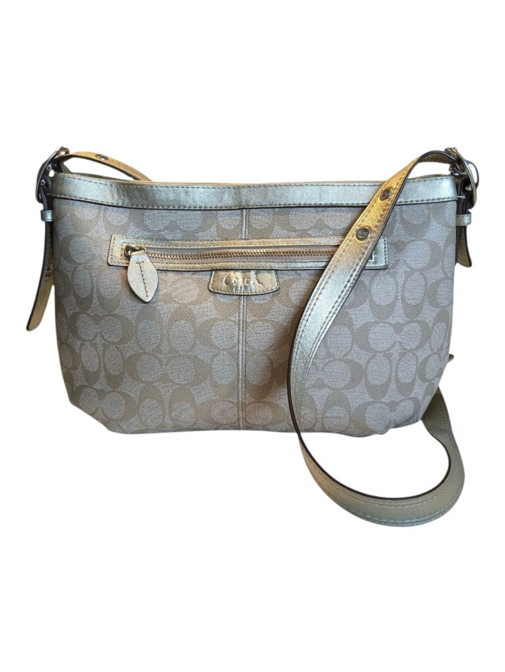 Coach Signature Khaki and Gold East West Crossbody Bag - Monogram Everyday Bag